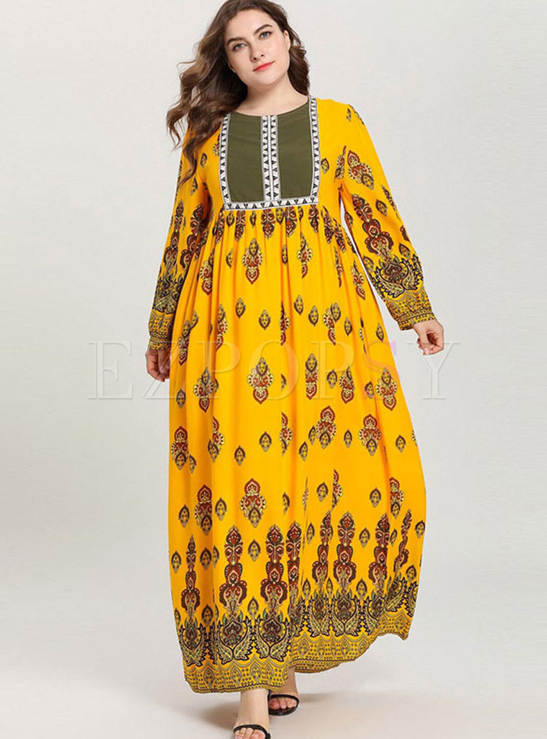 Yellow Plus Size Print Maxi Dress