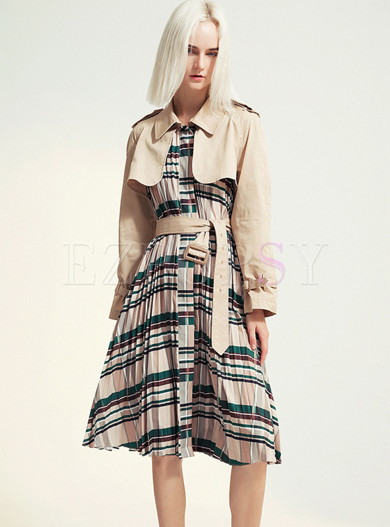 Lapel Patchwork Pleated Trench Coat With Belt