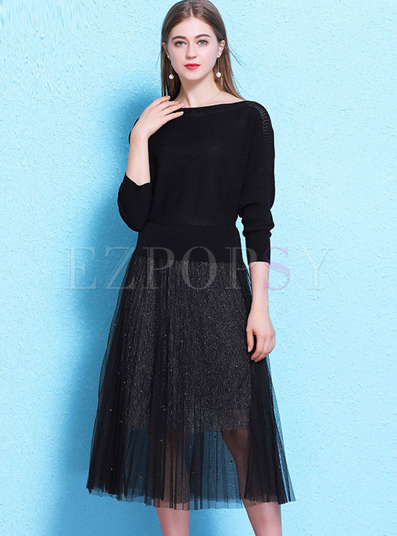 Black Long Sleeve Patchwork Mesh Dress