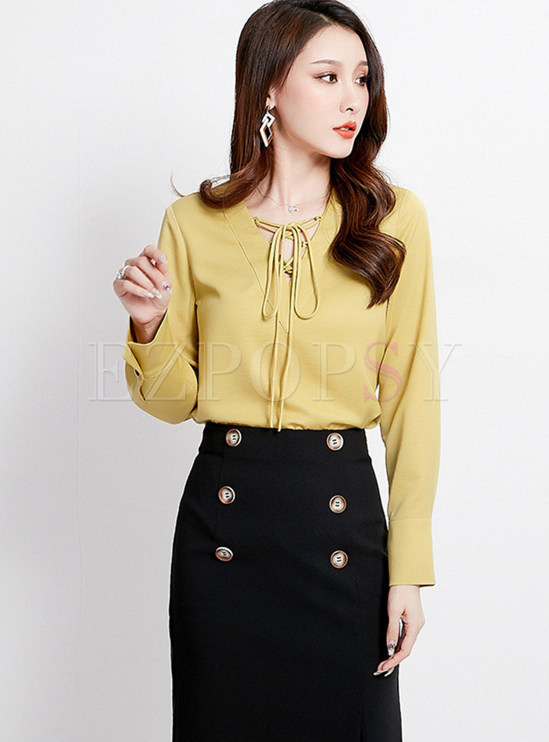 Solid Color V-neck Long Sleeve Tie Blouse