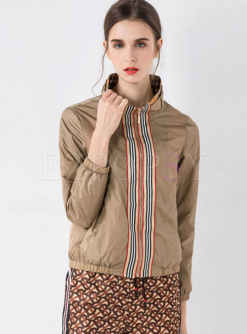 Stand Collar Striped Patchwork Jacket