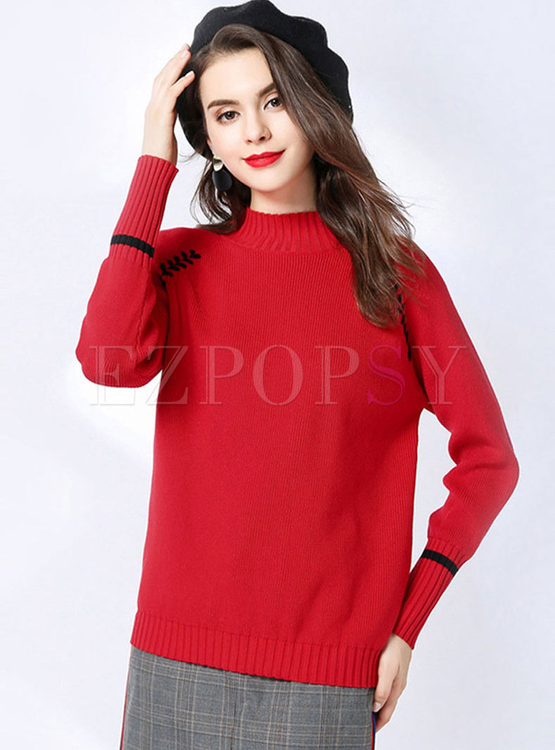 Red Standing Collar Pullover Loose Sweater