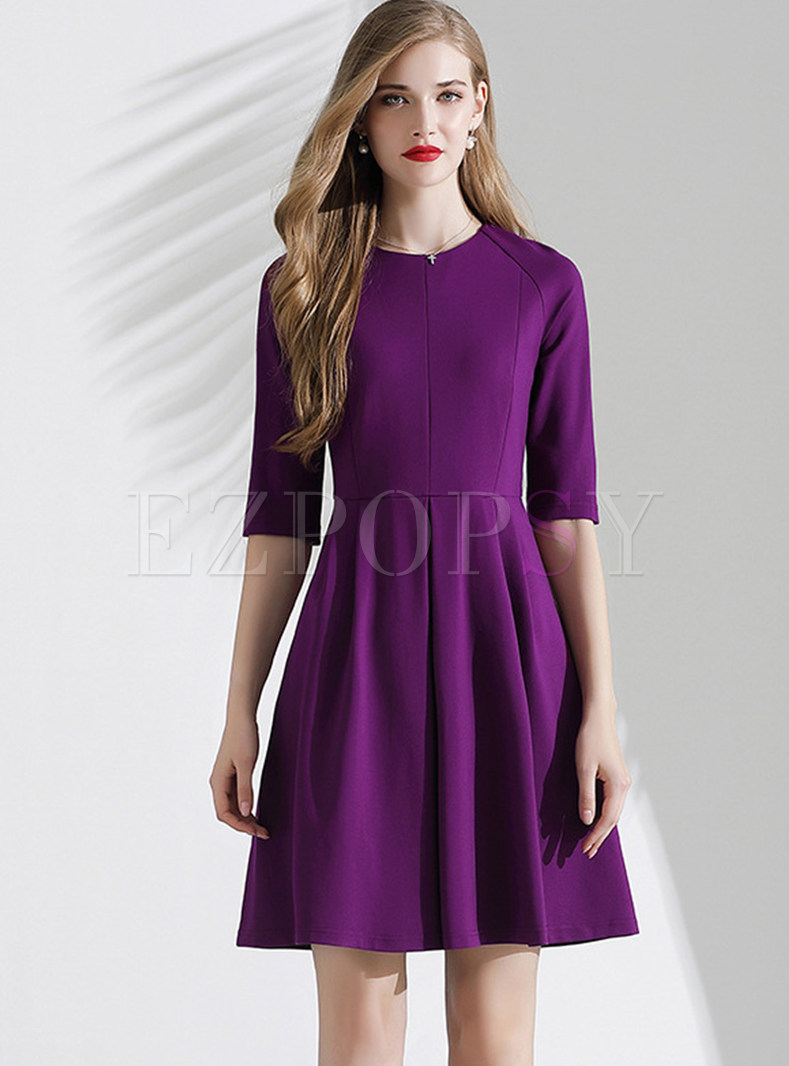 Solid Color O-neck Pleated Skater Dress