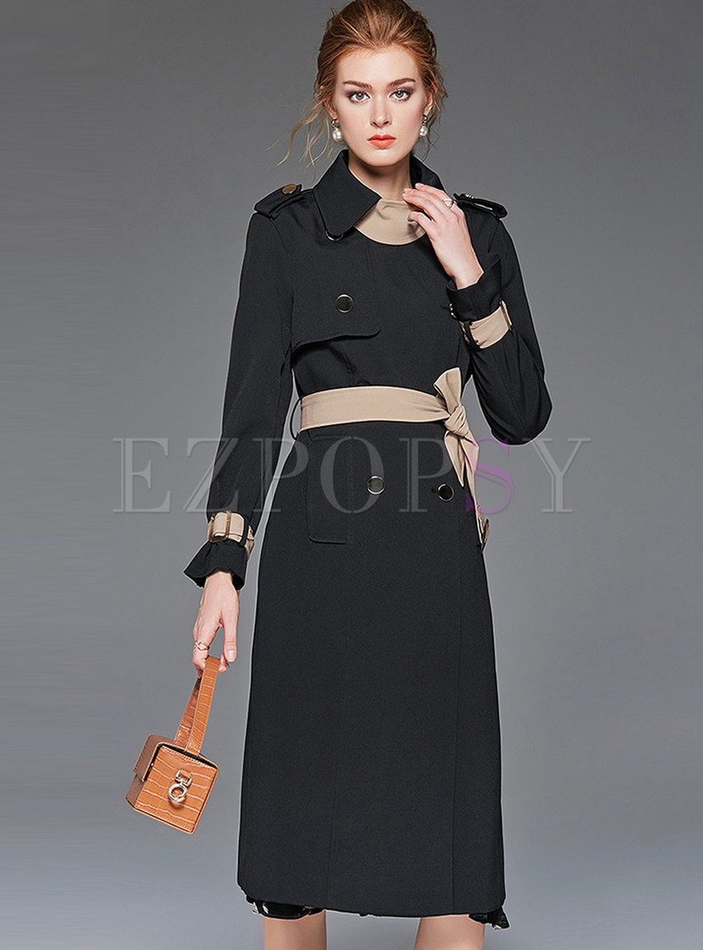 Turn Down Collar Patchwork Bodycon Trench Coat