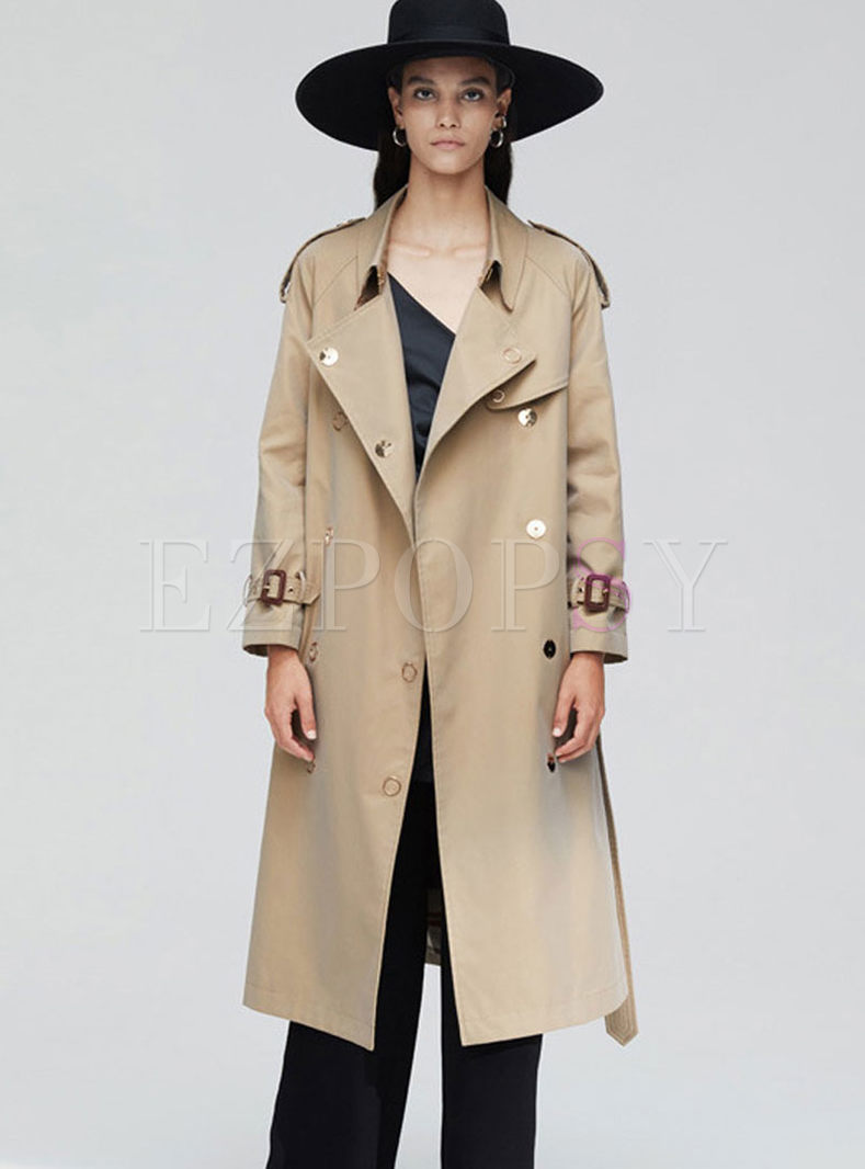 Solid Color Long Sleeve Long Trench Coat