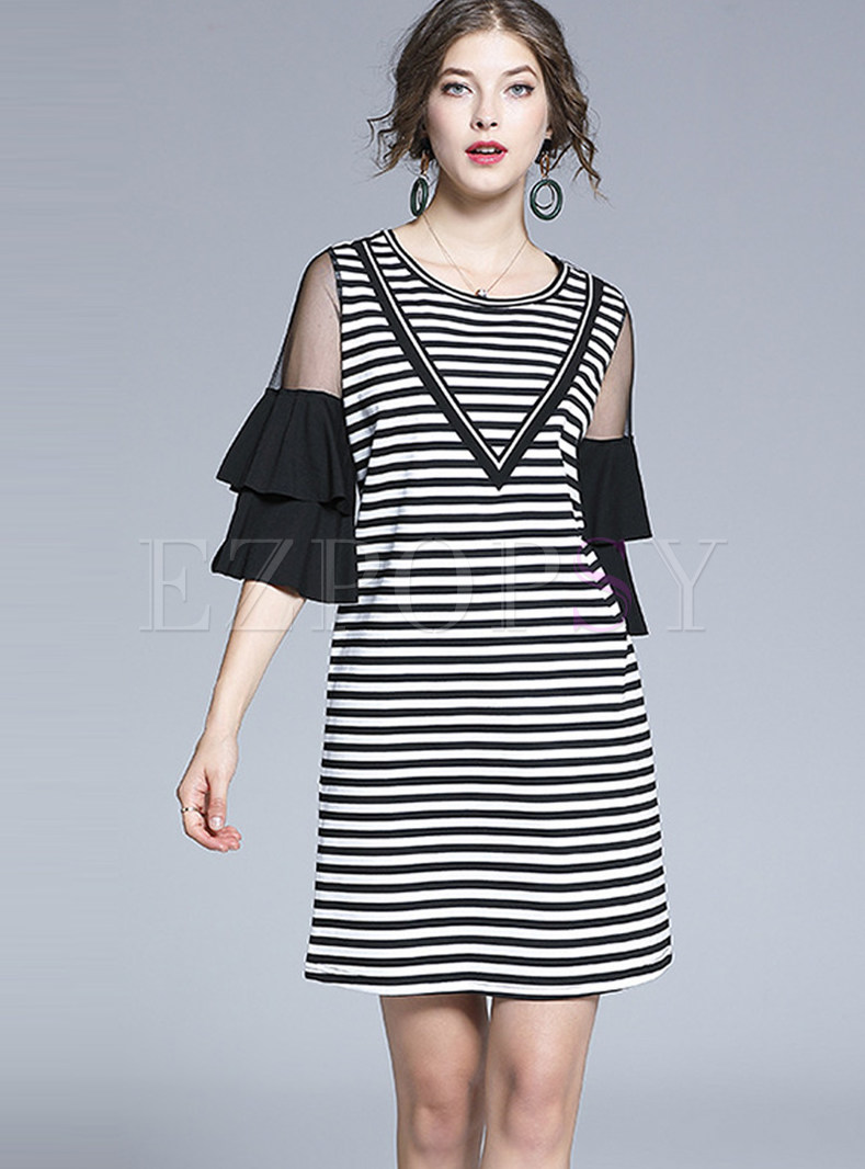 Flare Sleeve Patchwork Striped Shift Dress