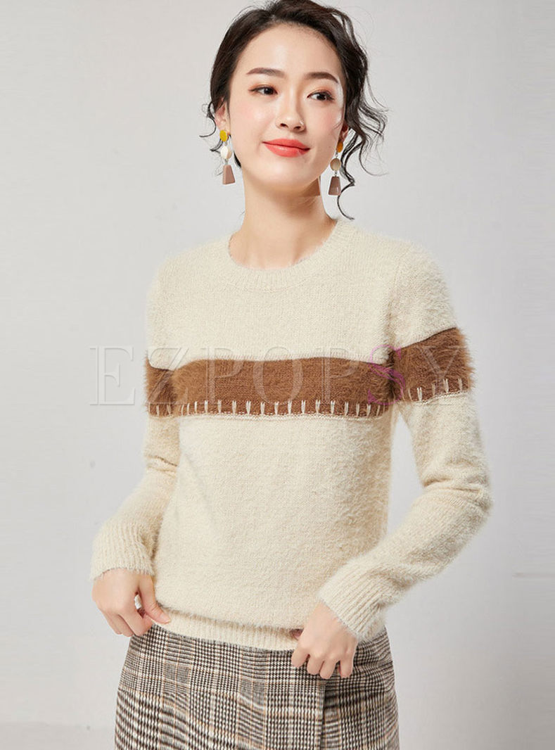 Color-blocked O-neck Pullover Sweater