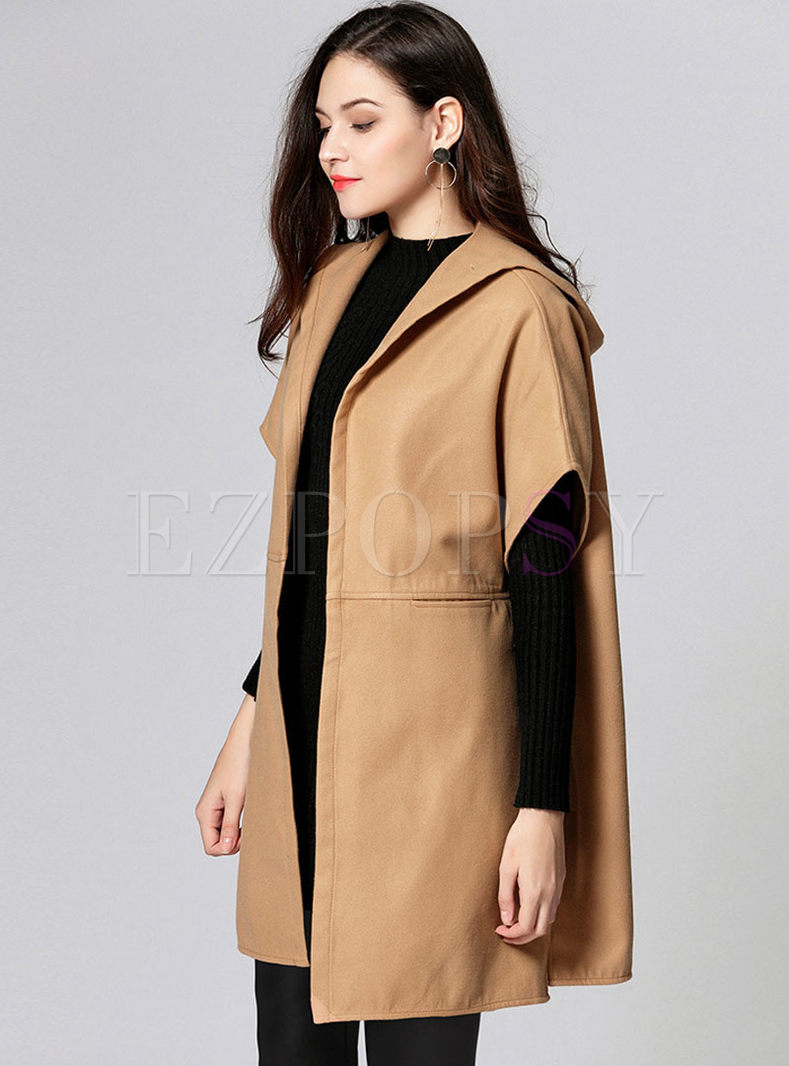 Outwear | Jackets/Coats | Hooded Short Sleeve Wool Blended Coat