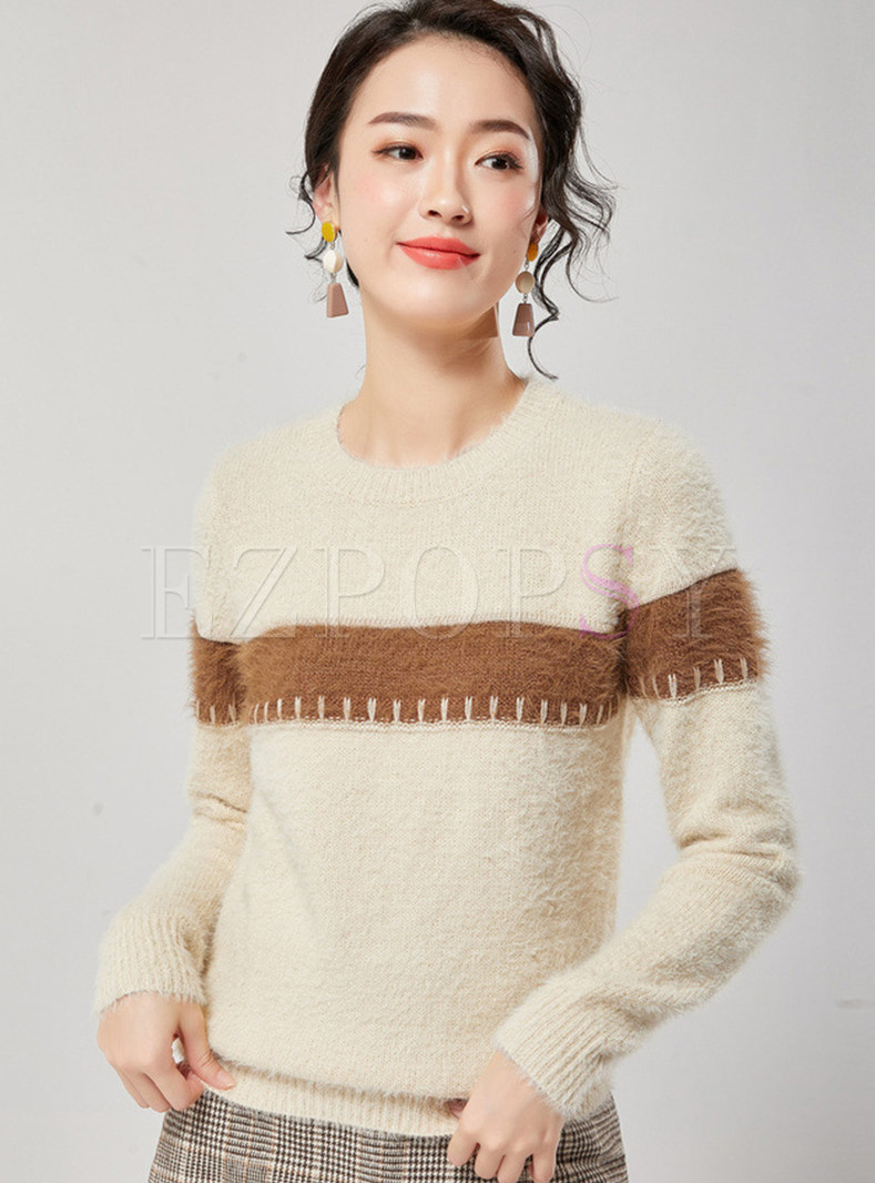 O-neck Color-blocked Patchwork Loose Sweater