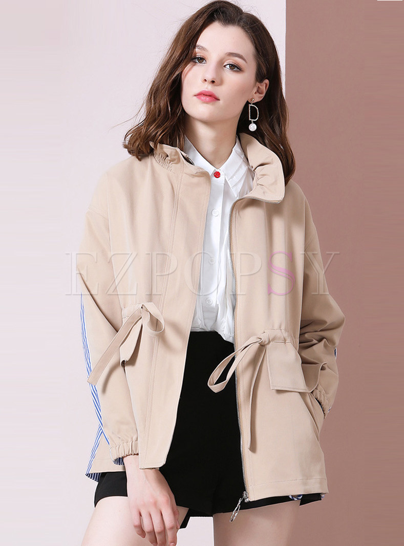 Stand Collar Patchwork Striped Short Trench Coat