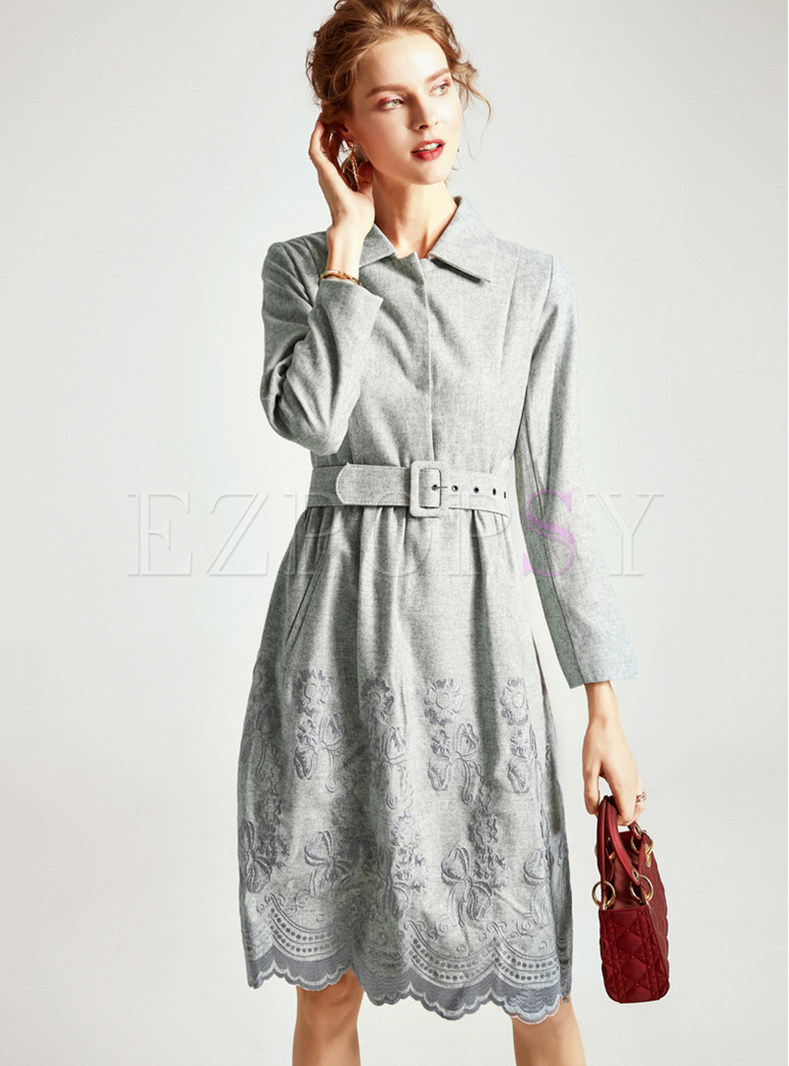  Lapel Embroidered Lace Waist A Line Dress With Belt 
