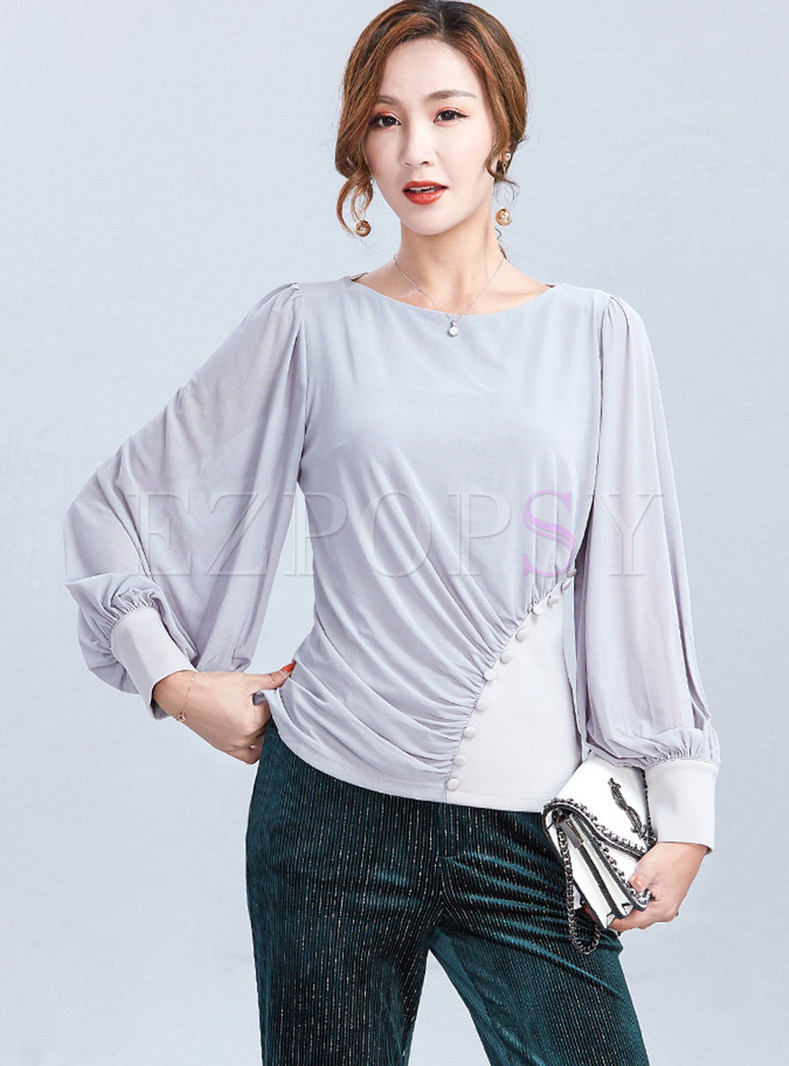Tops | Blouses | Fashion Lantern Sleeve Patchwork Pleated Blouse