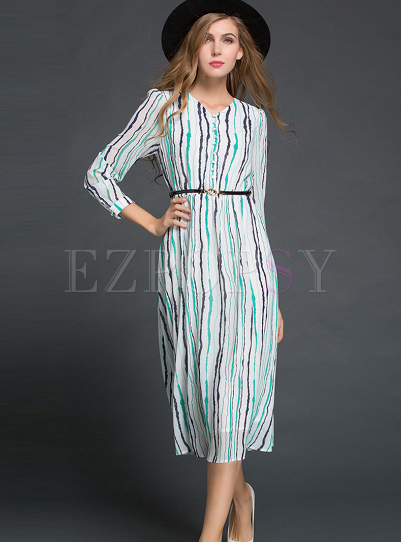 Color-blocked Striped Single-breasted Dress With Belt 