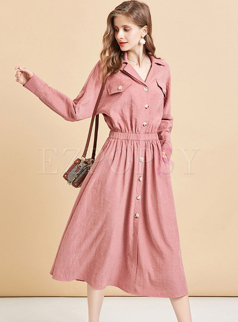 Retro Pink Lapel Elastic Waist Dress