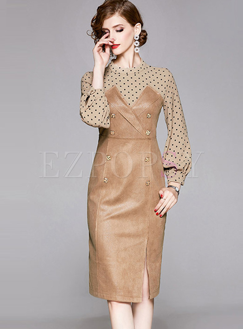 Stand Collar Patchwork Double-breasted Dot Bodycon Dress