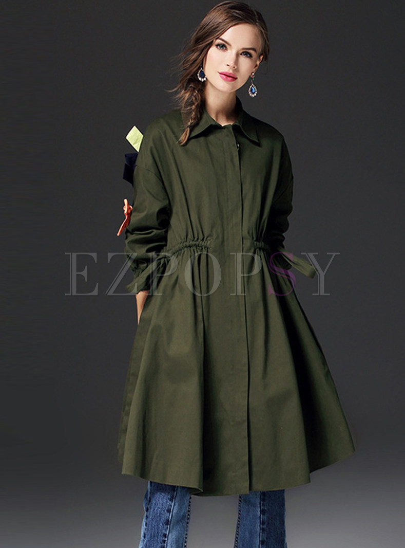 Stand Collar Bowknot Waist Trench Coat With Drawcord 