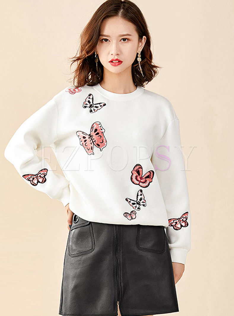 White O-neck Butterfly Embroidered Sweatshirt