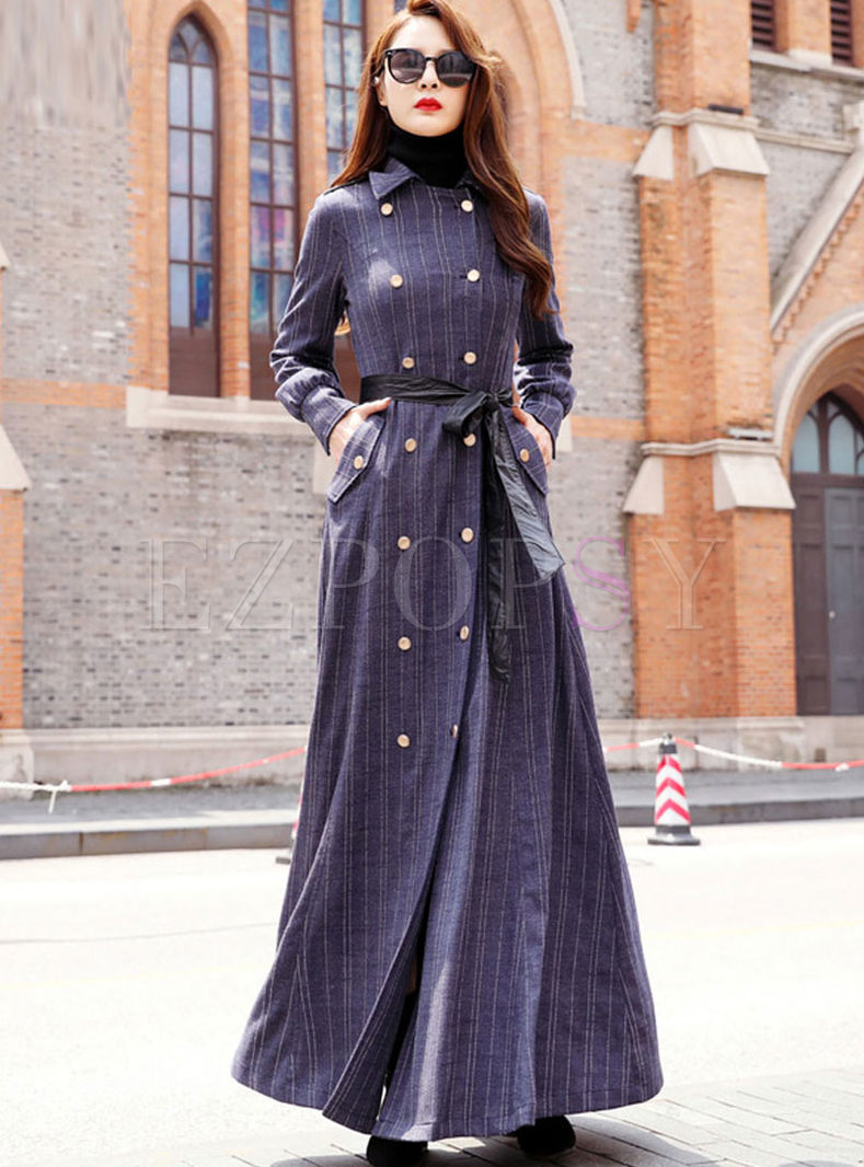 Lapel Plaid Double-breasted Long Trench Coat