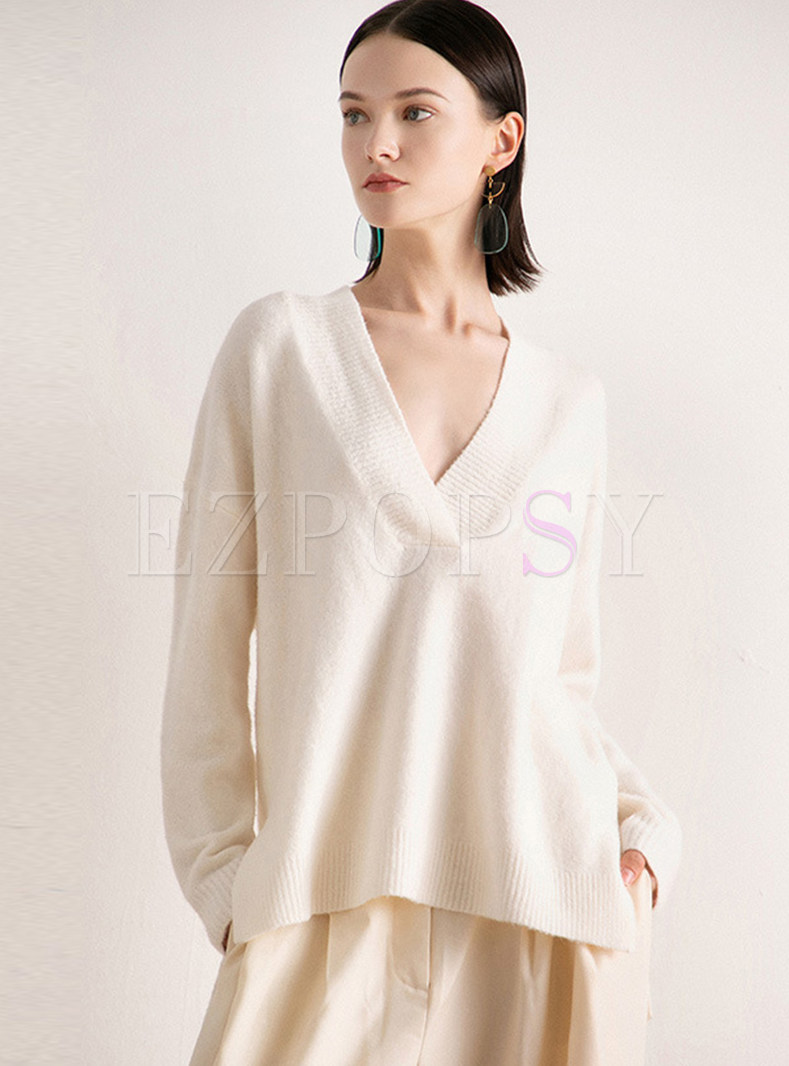 Solid Color V-neck Loose Pullover Sweater 