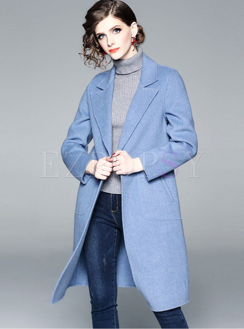 Blue Turn Down Collar Loose Overcoat 