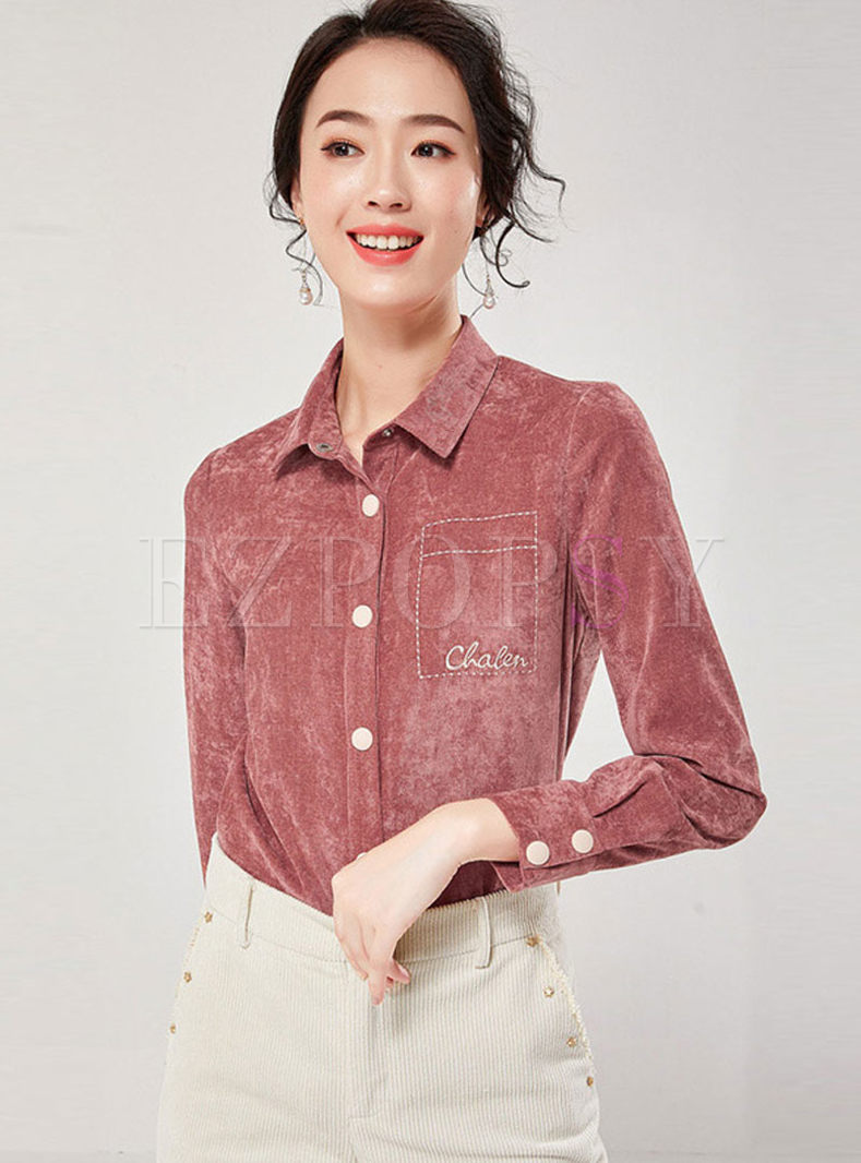 Retro Letter Embroidered Corduroy Blouse