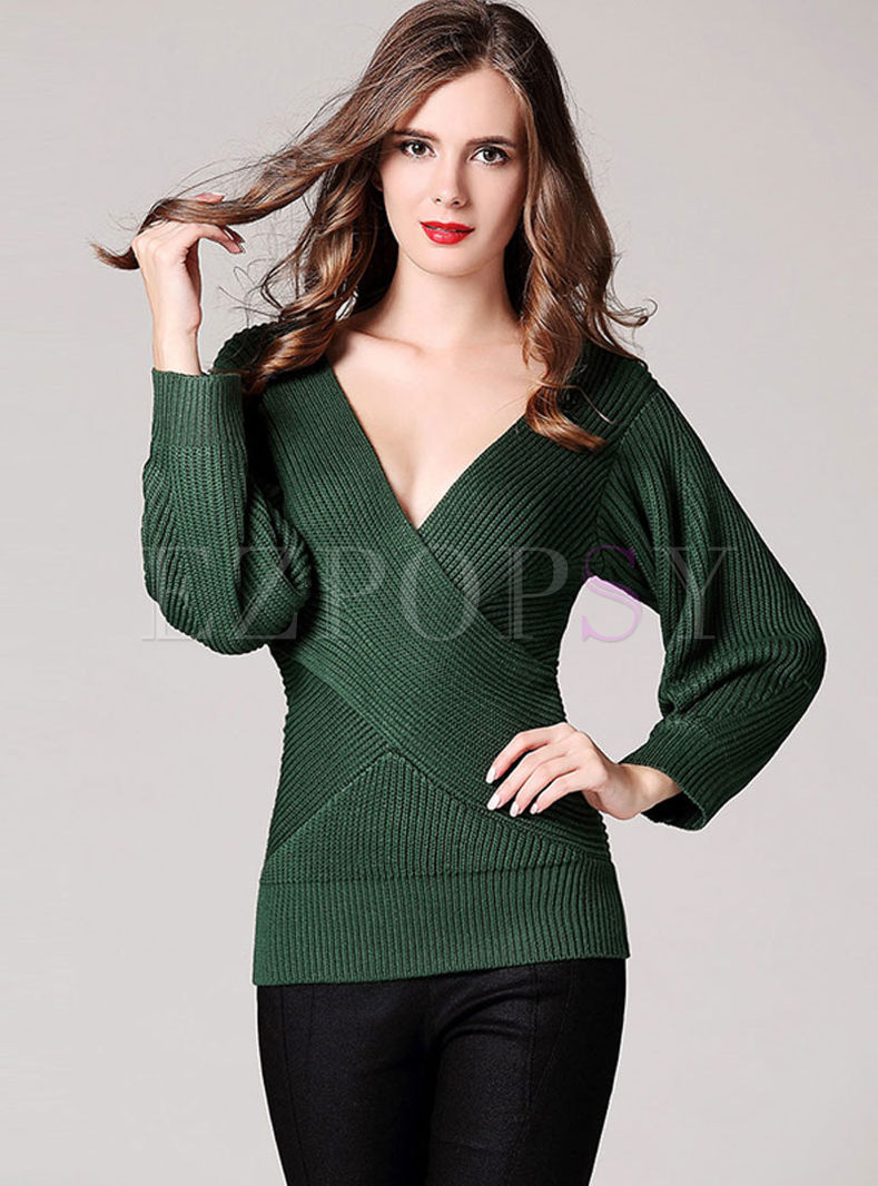 Solid Color V-neck Pullover Sweater