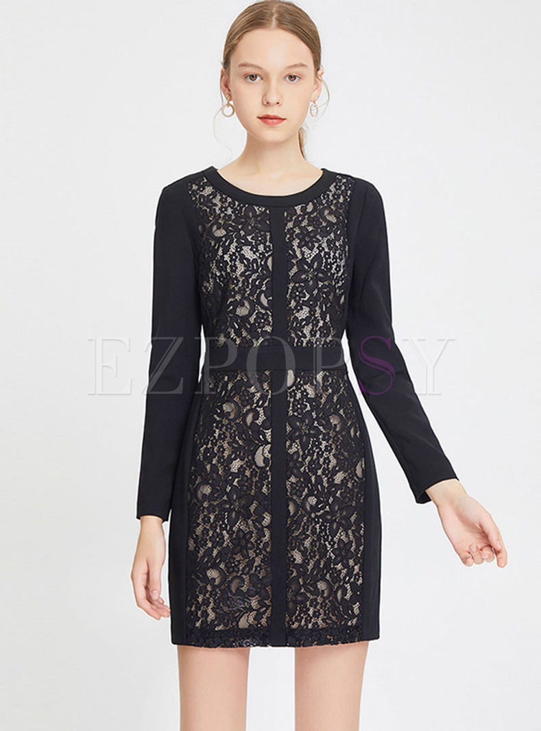 Black O-neck Lace Bodycon Mini Dress