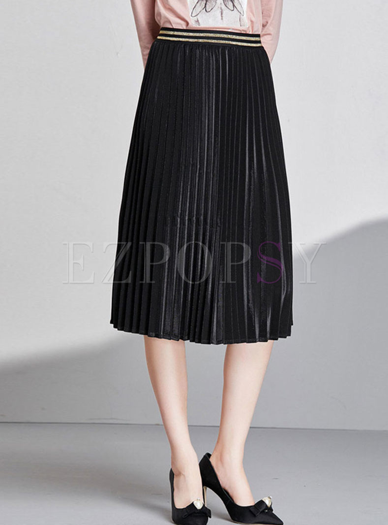 Black Elastic Waist Pleated A Line Skirt
