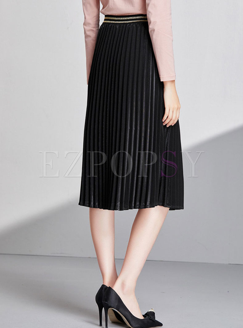 Skirts Skirts Black Elastic Waist Pleated A Line Skirt 