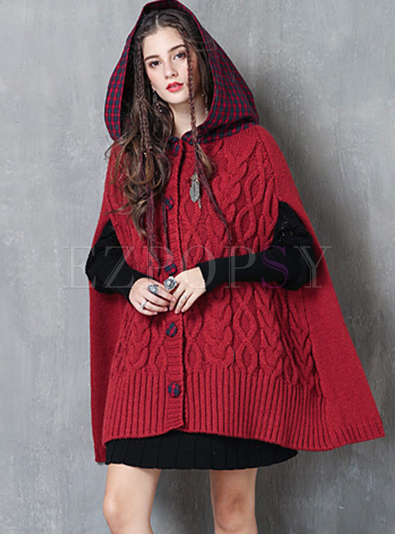 Tops Sweaters Hooded Plaid Patchwork Loose Cloak Cardigan