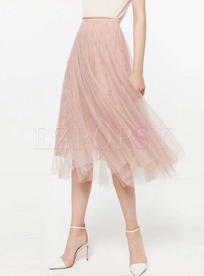 Sweet Pink Elastic Waist Mesh A Line Skirt