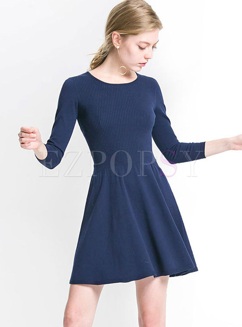O-neck 3/4 Sleeve A Line Sweater Dress