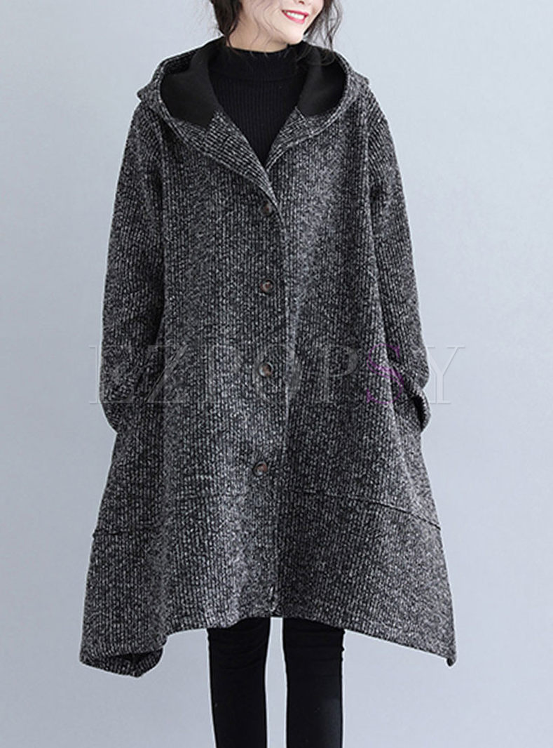 Hooded Asymmetric Wool Blended Overcoat