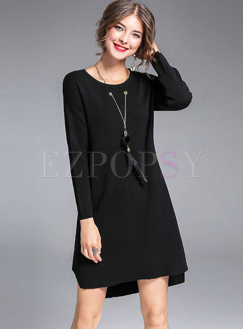 Dresses | Knitted Dresses | Black O-neck Long Sleeve Sweater Dress