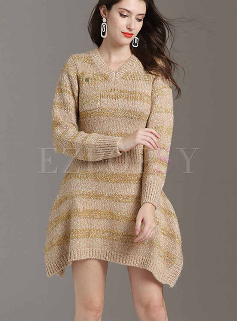 V-neck Long Sleeve Stripe Sweater Dress