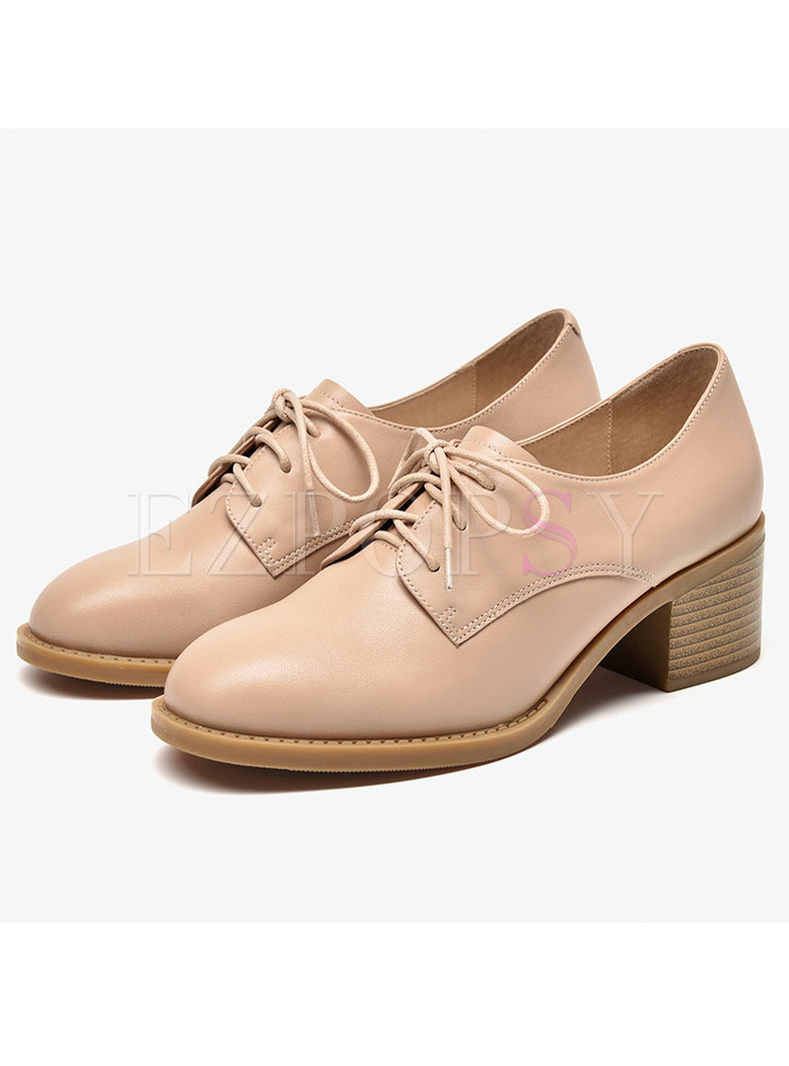 Brief Apricot Chunky Heel Leather Shoes