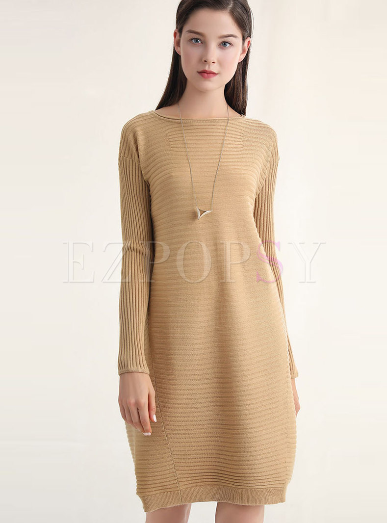 Solid Color Striped Loose Sweater Dress
