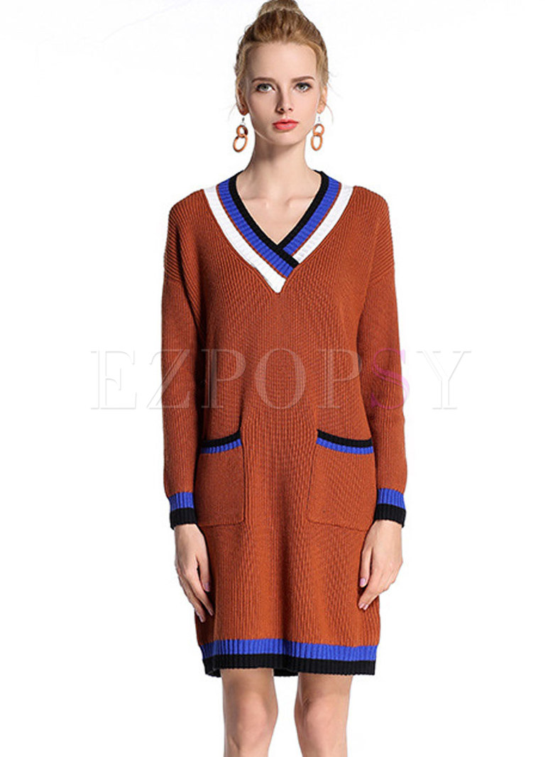 V-neck Color-blocked Shift Sweater Dress With Pocket