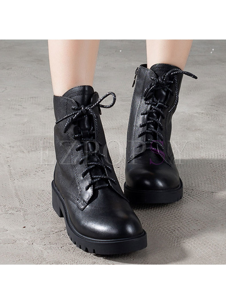 Round Head Leather Short Boots 