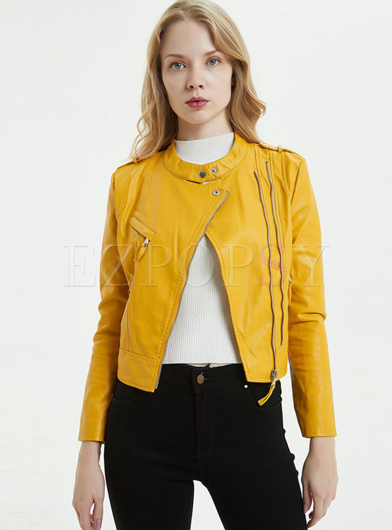 Yellow Stand Collar Slim Biker Jacket
