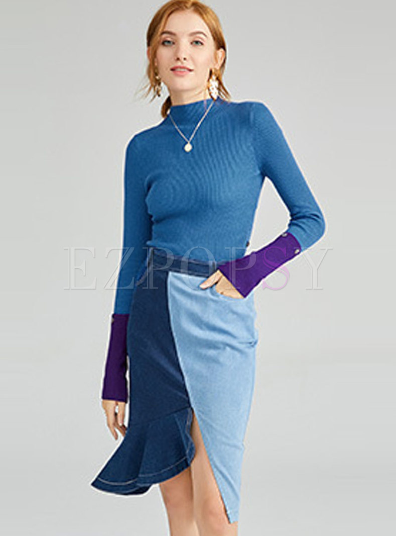 Slim Knit Top & Irregular Falbala Denim Skirt