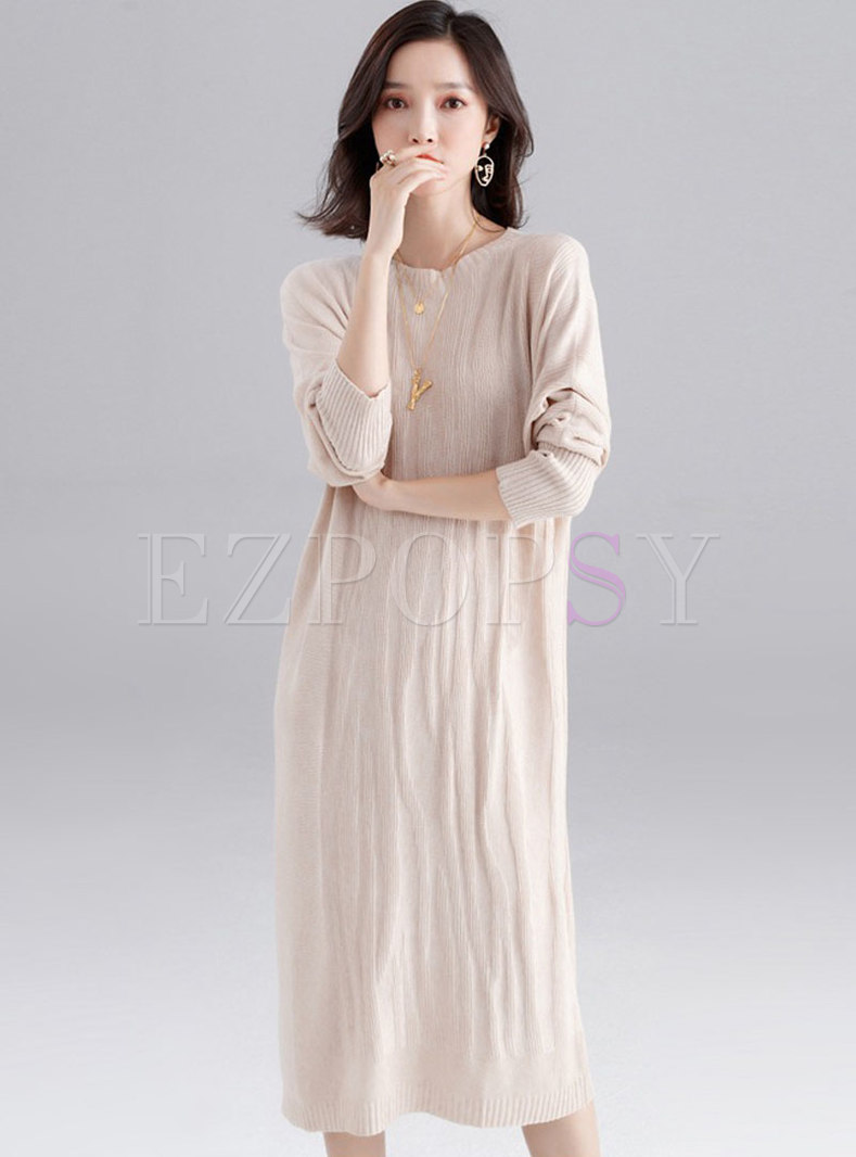 Crew Neck Solid Color Loose Sweater Dress