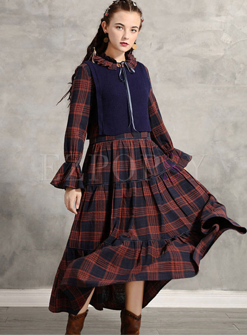 Flare Sleeve Plaid Maxi Dress With Knitted Vest