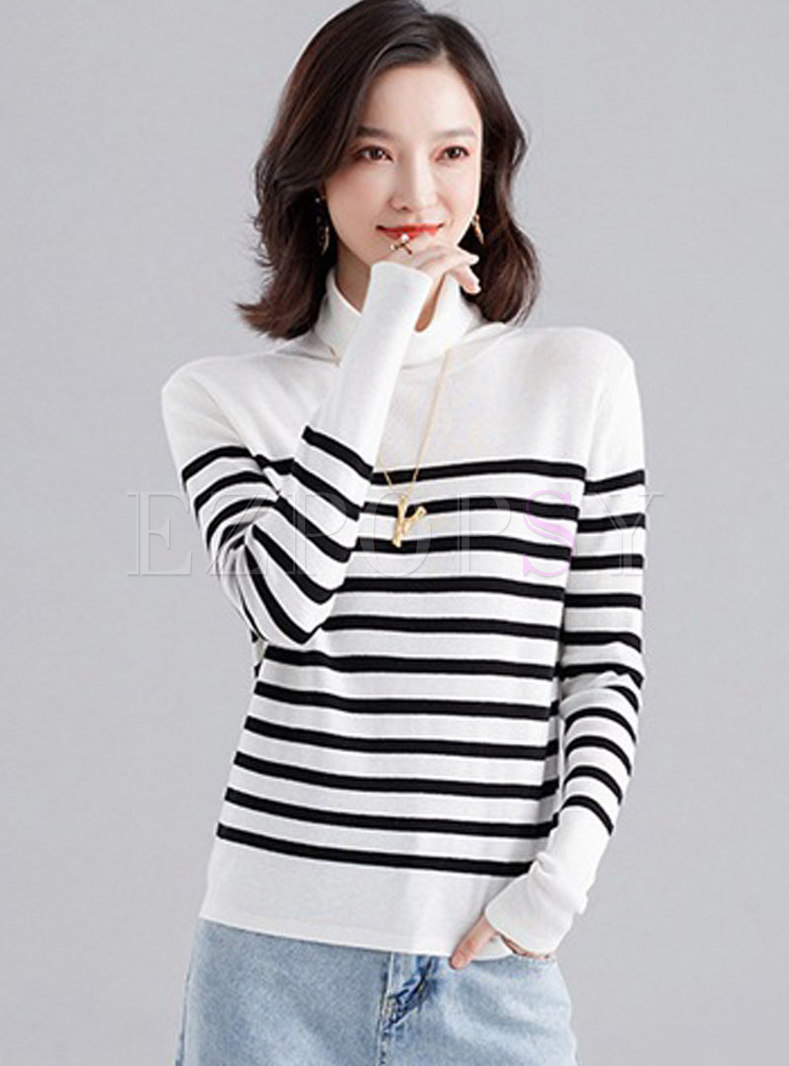High Collar Striped Color-blocked Sweater