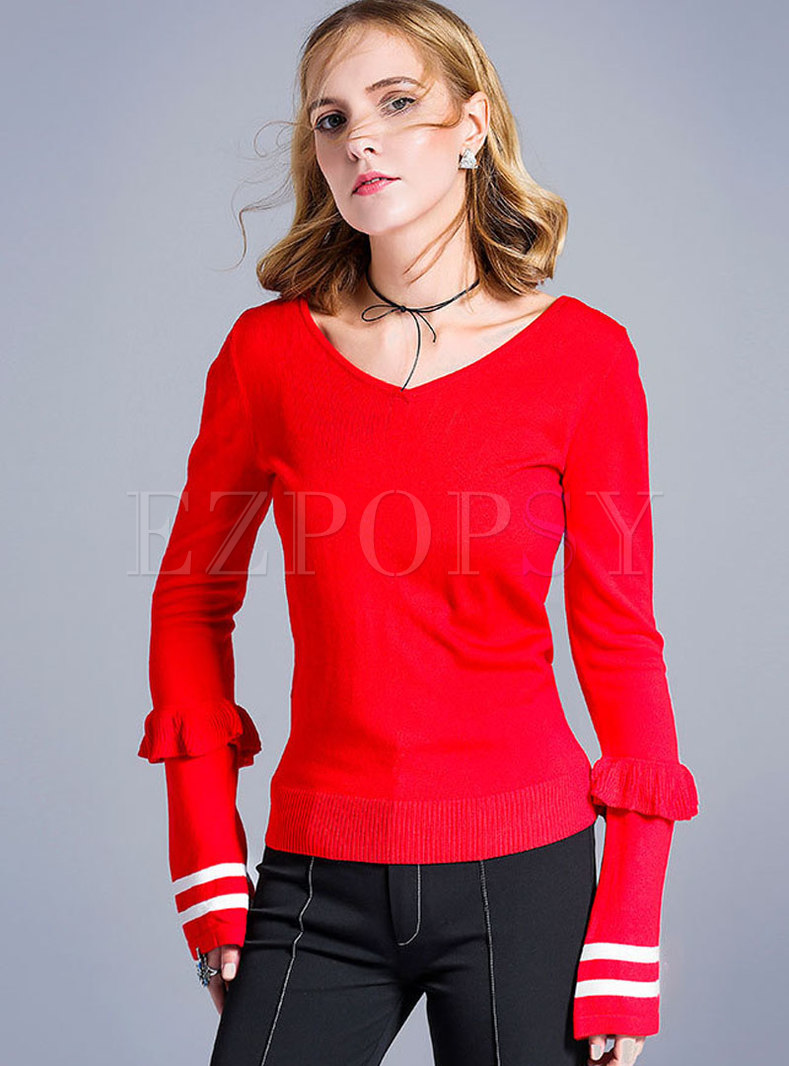V-neck Color-blocked Falbala Pullover Sweater
