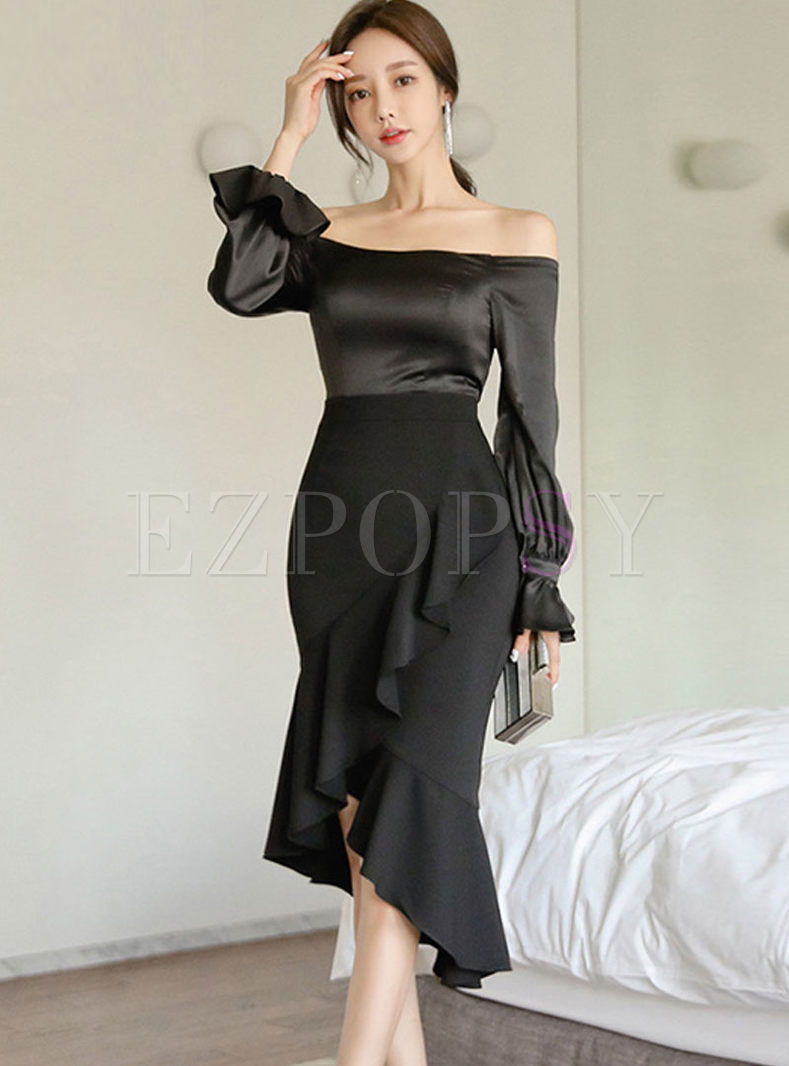 Dresses | Bodycon Dresses | Black Slash Neck Long Sleeve Bodycon Dress