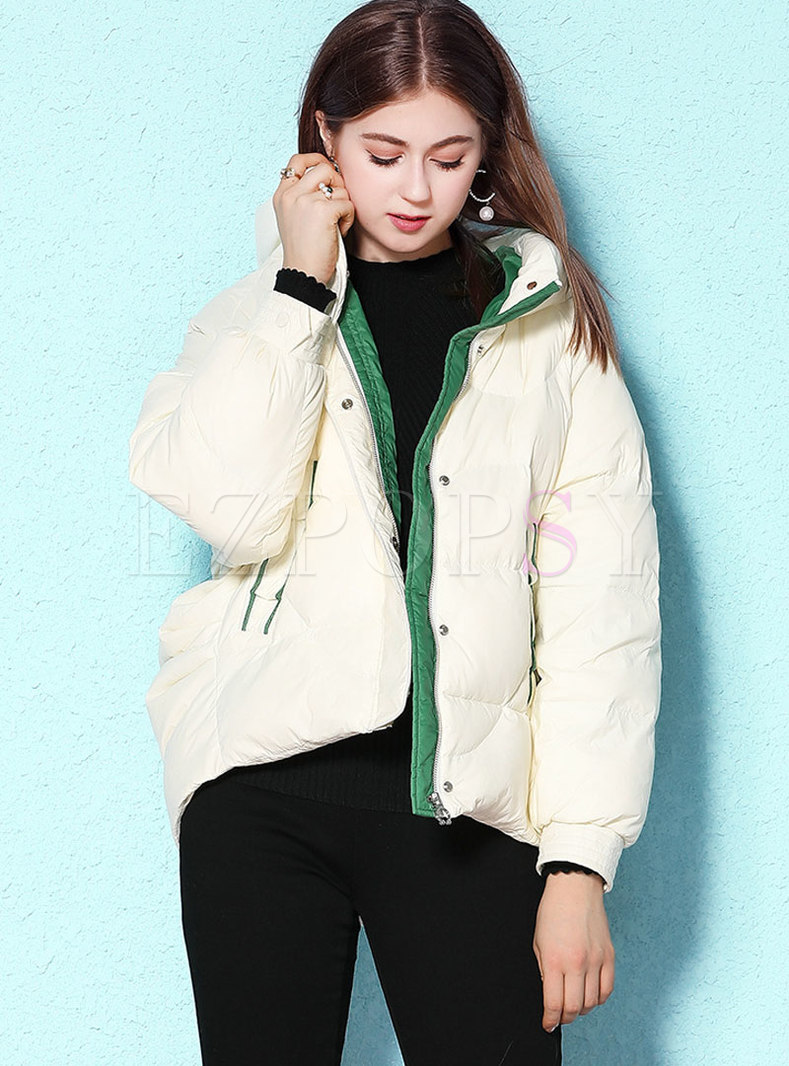 Casual Color-blocked Hooded Down Jacket