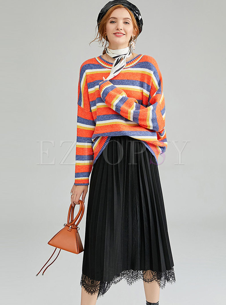 Muti-color Loose Sweater & Lace Pleated A Line Skirt