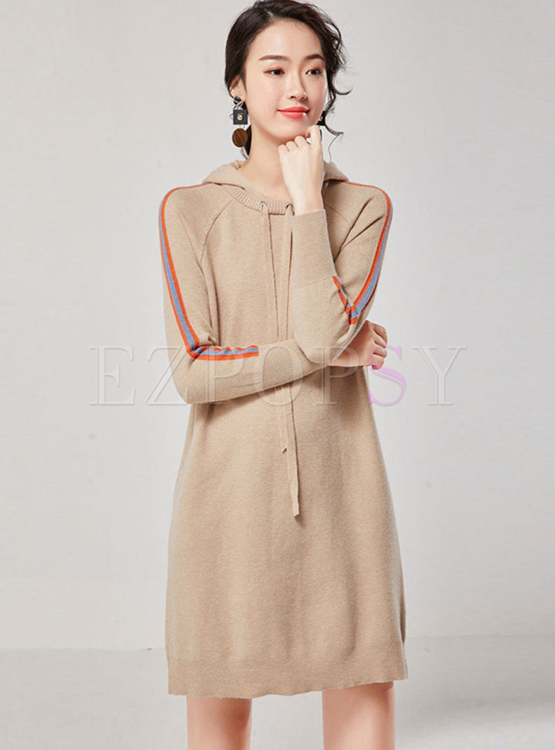 Color-blocked Hooded Loose Sweater Dress