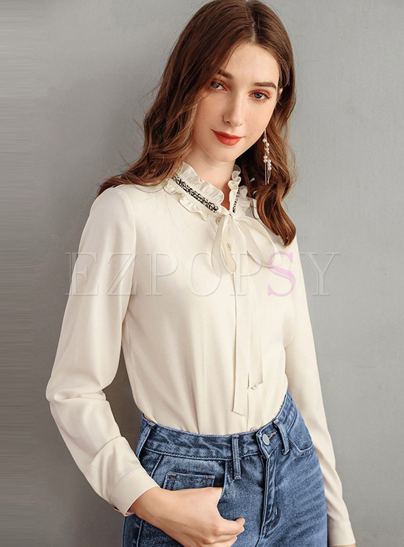 Tops | Blouses | Stand Collar Tie Zip-up Blouse